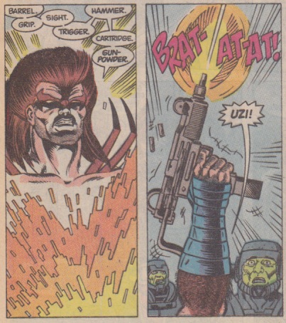 Hawk thinks up an Uzi. Hawk thinks up an Uzi.