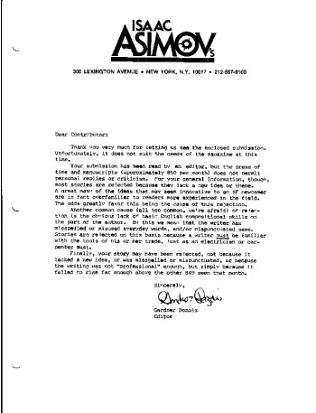 Asimov's rejection letter Asimov's rejection letter